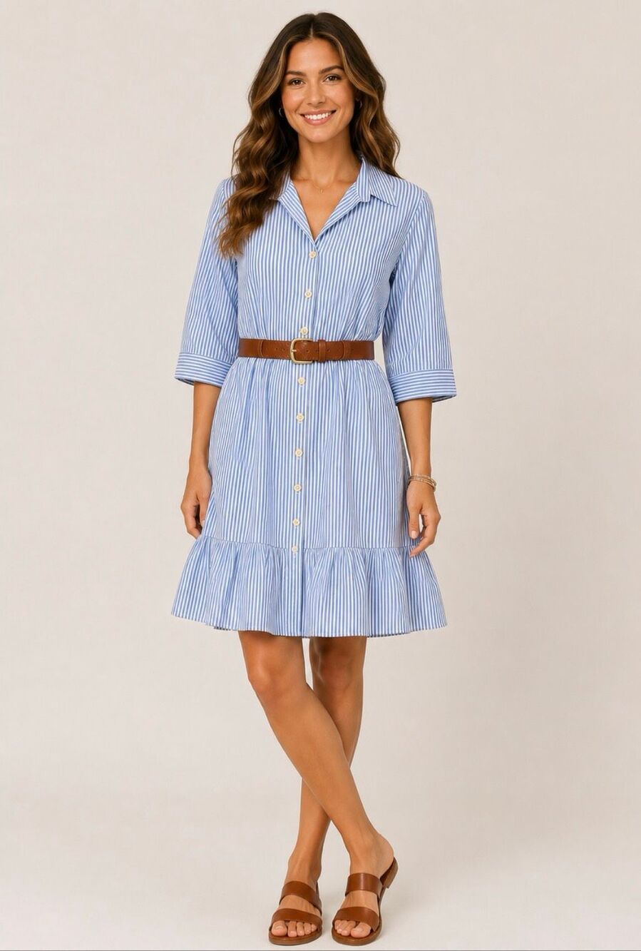Gerard Darel Paris Blue White Striped Cotton Ruffle Hem Shirt Dress FR 44